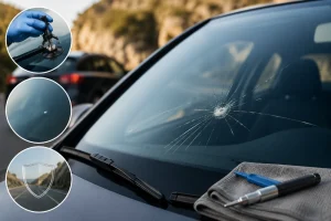 שבב בשמשה קדמית של רכב כתוצאה מפגיעת אבן ניתזת – המחשה לנזק שניתן למנוע עם מיגון שקוף