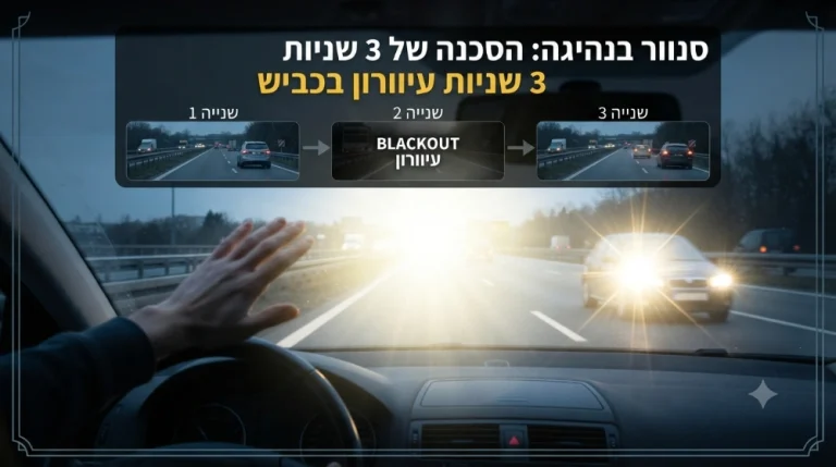 שמש נמוכה מסנוורת נהג דרך השמשה הקדמית – המחשה לסכנת הסנוור בנהיגה