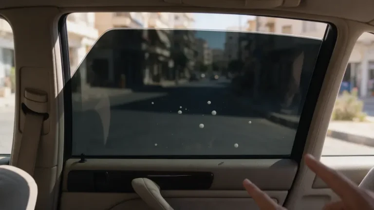 חלון צד אחורי ברכב עם שכבה כהה חדשה ובועות מים קטנות מתחתיה